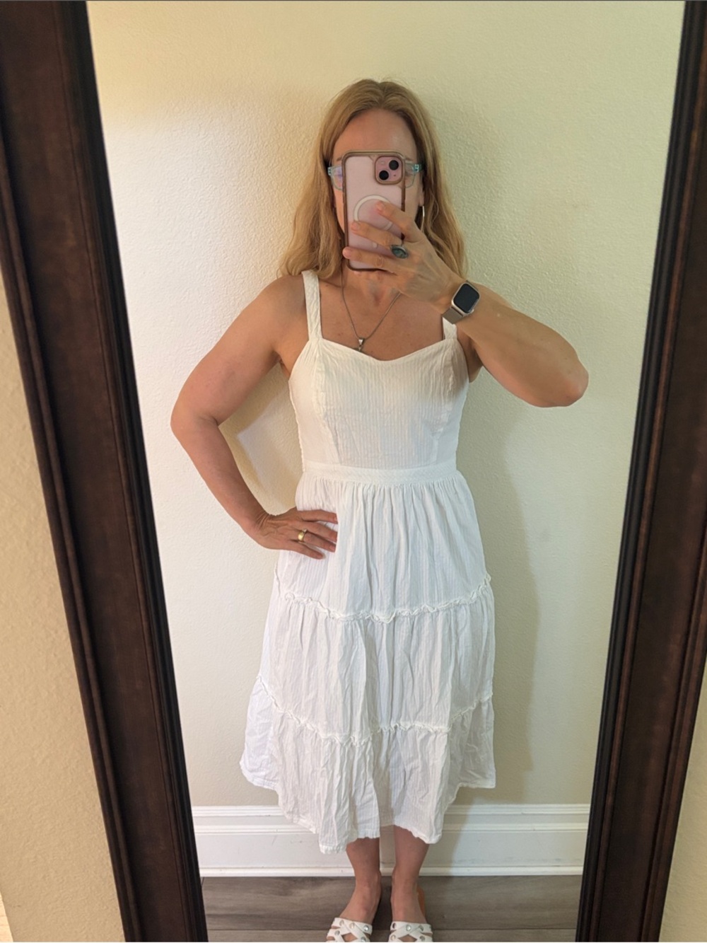 Women's White Tiered Midi Sundress with Straps